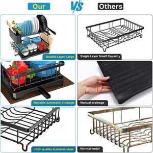 Dish Drying Rack, Large 2 Tier Dish Drying Rack with Drainboard, Dish Racks for Kitchen Counter with Pot Rack Cutting Board Rack Cup Rack Utensils Holder, Dish Drainer with Extra Drying Mat Cup Brush