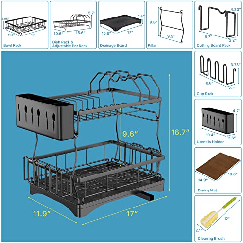 Dish Drying Rack, Large 2 Tier Dish Drying Rack with Drainboard, Dish Racks for Kitchen Counter with Pot Rack Cutting Board Rack Cup Rack Utensils Holder, Dish Drainer with Extra Drying Mat Cup Brush