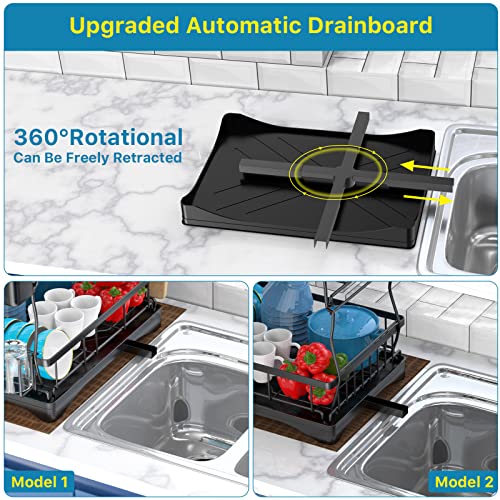 Dish Drying Rack, Large 2 Tier Dish Drying Rack with Drainboard, Dish Racks for Kitchen Counter with Pot Rack Cutting Board Rack Cup Rack Utensils Holder, Dish Drainer with Extra Drying Mat Cup Brush