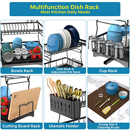 Dish Drying Rack, Large 2 Tier Dish Drying Rack with Drainboard, Dish Racks for Kitchen Counter with Pot Rack Cutting Board Rack Cup Rack Utensils Holder, Dish Drainer with Extra Drying Mat Cup Brush