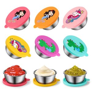 kids salad dressing container to go 6 pack 1.8oz small stainless steel sauce cups condiment container with lids dinosaur leakproof for girls kids lunch bento box