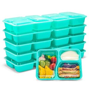 glotoch meal prep container reusable, 15 pack 34oz 3 compartment to go containers for food snack, plastic divided food storage meal prep containers with lids for microwave freezer bpa-free,safe,green