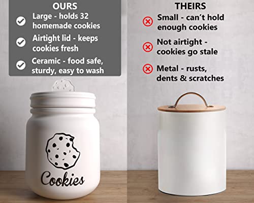 Airtight Cookie Jar - 6"W x 8"H Matte White Ceramic Cookie Jars for Kitchen Counter - Large Cookie Jar with Airtight Lids - Farmhouse Cookie Jar Airtight Lid - Big Cookie Containers with Lids Airtight