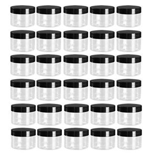 tosnail 30 pack 4 oz clear plastic jars with black lids leak-proof round food safe storage containers for kitchen use, beauty products, slime, spices and more