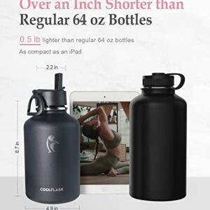 Coolflask 64 oz Insulated Water Bottle with Strap & Sleeve, Half Gallon Water Jug 3 Lids Stainless Steel Multifunctional Flask BPA-Free, Keep 48H Cold 24H Hot, Compact Yoga/Gym Bottle, Black