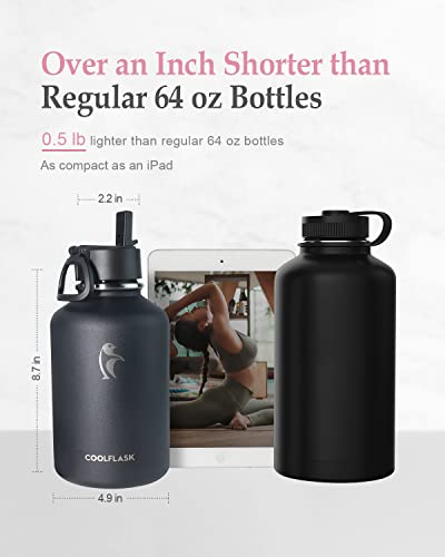 Coolflask 64 oz Insulated Water Bottle with Strap & Sleeve, Half Gallon Water Jug 3 Lids Stainless Steel Multifunctional Flask BPA-Free, Keep 48H Cold 24H Hot, Compact Yoga/Gym Bottle, Black