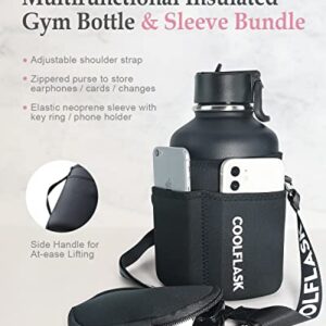 Coolflask 64 oz Insulated Water Bottle with Strap & Sleeve, Half Gallon Water Jug 3 Lids Stainless Steel Multifunctional Flask BPA-Free, Keep 48H Cold 24H Hot, Compact Yoga/Gym Bottle, Black