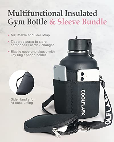 Coolflask 64 oz Insulated Water Bottle with Strap & Sleeve, Half Gallon Water Jug 3 Lids Stainless Steel Multifunctional Flask BPA-Free, Keep 48H Cold 24H Hot, Compact Yoga/Gym Bottle, Black