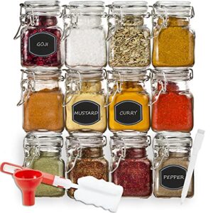 (3 oz) small square glass jars with airtight round lids, empty spice containers with labels, leak proof rubber gasket and hinged lid, chalkboard label & marker included, for home or kitchen (12 pack)