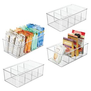 mdesign plastic food storage organizer bin box container – 4 compartment holder for packets, pouches, ideal for kitchen, pantry, fridge, countertop organization – 4 pack – clear
