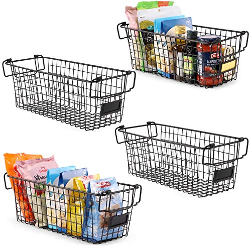 4 Pack [ XL Large ] STACKABLE Wire Baskets for Organizing - Pantry Storage and Organization Metal Bins for Produce, Food, Fruit - Kitchen Bathroom Closet Cabinet, Countertop, Under Sink Organizer