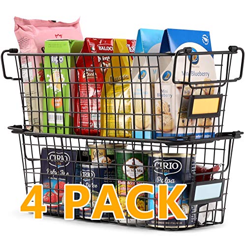 4 Pack [ XL Large ] STACKABLE Wire Baskets for Organizing - Pantry Storage and Organization Metal Bins for Produce, Food, Fruit - Kitchen Bathroom Closet Cabinet, Countertop, Under Sink Organizer