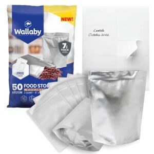 50x wallaby 2-quart gusset mylar bag bundle – (7 mil – 8″ x 12″) stand-up zipper pouches + 50x labels – heat sealable, food safe, & reliable long term-food storage solutions – silver