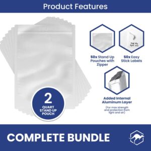 50x Wallaby 2-Quart Gusset Mylar Bag Bundle - (7 Mil - 8" x 12") Stand-Up Zipper Pouches + 50x Labels - Heat Sealable, Food Safe, & Reliable Long Term-Food Storage Solutions - Silver