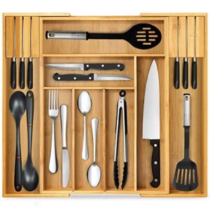 expandable silverware organizer for utensils holder, kitchen drawer organizer and cutlery tray with 2 removable knife block,13-20inch