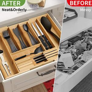 Expandable Silverware Organizer for Utensils Holder, Kitchen Drawer Organizer and Cutlery Tray with 2 Removable Knife Block,13-20inch