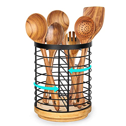 Toosci Utensil Holder for Kitchen Counter, Cooking Utensils Holder, Black Metal+Wooden Base Utensil Holder, Breathable and Easy to Dry+Rotatable+Drainage Holes, Kitchen Countertop Utensil Organizer