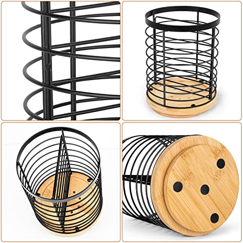 Toosci Utensil Holder for Kitchen Counter, Cooking Utensils Holder, Black Metal+Wooden Base Utensil Holder, Breathable and Easy to Dry+Rotatable+Drainage Holes, Kitchen Countertop Utensil Organizer