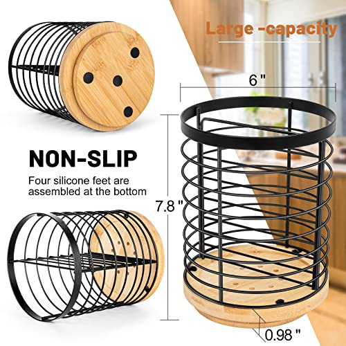 Toosci Utensil Holder for Kitchen Counter, Cooking Utensils Holder, Black Metal+Wooden Base Utensil Holder, Breathable and Easy to Dry+Rotatable+Drainage Holes, Kitchen Countertop Utensil Organizer