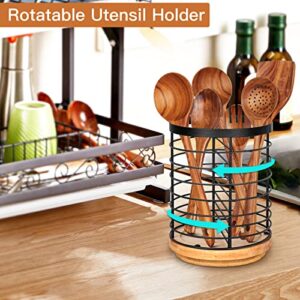 Toosci Utensil Holder for Kitchen Counter, Cooking Utensils Holder, Black Metal+Wooden Base Utensil Holder, Breathable and Easy to Dry+Rotatable+Drainage Holes, Kitchen Countertop Utensil Organizer