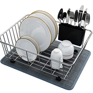 DOLRIS Dish Drying Rack, Dish Drainer for Kitchen Counter, SUS304 Stainless Steel Dish Rack with Utensil Holder and Dish Drying Mat, Silver