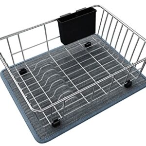 DOLRIS Dish Drying Rack, Dish Drainer for Kitchen Counter, SUS304 Stainless Steel Dish Rack with Utensil Holder and Dish Drying Mat, Silver