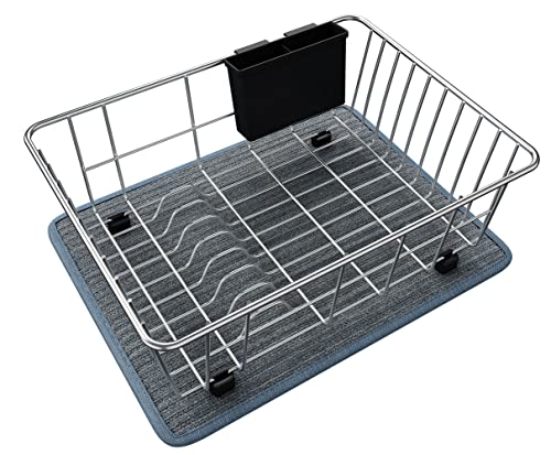 DOLRIS Dish Drying Rack, Dish Drainer for Kitchen Counter, SUS304 Stainless Steel Dish Rack with Utensil Holder and Dish Drying Mat, Silver