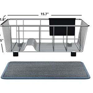 DOLRIS Dish Drying Rack, Dish Drainer for Kitchen Counter, SUS304 Stainless Steel Dish Rack with Utensil Holder and Dish Drying Mat, Silver