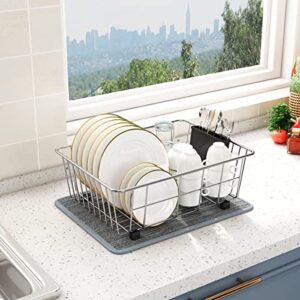 DOLRIS Dish Drying Rack, Dish Drainer for Kitchen Counter, SUS304 Stainless Steel Dish Rack with Utensil Holder and Dish Drying Mat, Silver