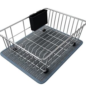 DOLRIS Dish Drying Rack, Dish Drainer for Kitchen Counter, SUS304 Stainless Steel Dish Rack with Utensil Holder and Dish Drying Mat, Silver