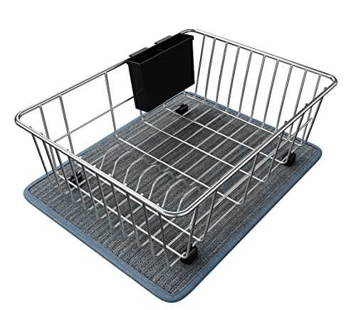 DOLRIS Dish Drying Rack, Dish Drainer for Kitchen Counter, SUS304 Stainless Steel Dish Rack with Utensil Holder and Dish Drying Mat, Silver