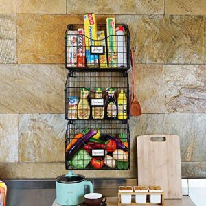 Hanging Metal Wire Storage Basket - X-cosrack 3 Tier Office Wall File Organizer With Hook & Foldable Magazine Mail Document Rack & Bathroom Kitchen Vegetable Fruit Spice Baskets Organizing and Storage