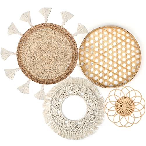 Set of 4 Boho Wall Basket Decor Boho Wall Hanging Decor Rattan Macrame Decor Flat Round Wicker Woven Macrame Tassels Tapestry Bamboo Wall Basket Handmade Serving Tray Art for Room Bedroom Living Room