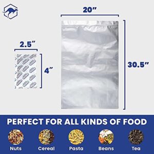 15x 5 Gallon Wallaby Mylar Bag Bundle - Silver (5 Mil) With 20 Single Sealed Oxygen Absorbers & Labels - Resealable Zipper, FDA Grade, Air-Tight, Light-Blocking, for Long Term Food Storage