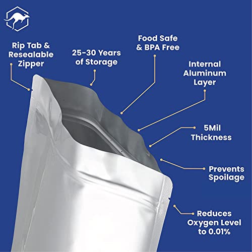 15x 5 Gallon Wallaby Mylar Bag Bundle - Silver (5 Mil) With 20 Single Sealed Oxygen Absorbers & Labels - Resealable Zipper, FDA Grade, Air-Tight, Light-Blocking, for Long Term Food Storage