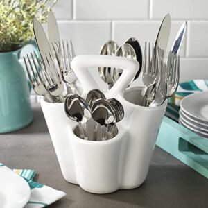 mosjos ceramic silverware caddy – 4-section cutlery & utensil holder with handle for countertop – farmhouse spoon fork knife organizer for kitchen (white)