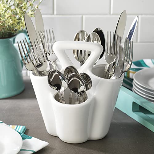 MosJos Ceramic Silverware Caddy - 4-Section Cutlery & Utensil Holder with Handle for Countertop - Farmhouse Spoon Fork Knife Organizer for Kitchen (White)