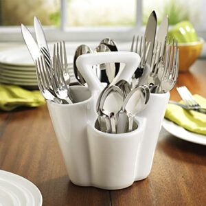 MosJos Ceramic Silverware Caddy - 4-Section Cutlery & Utensil Holder with Handle for Countertop - Farmhouse Spoon Fork Knife Organizer for Kitchen (White)