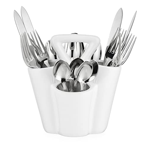 MosJos Ceramic Silverware Caddy - 4-Section Cutlery & Utensil Holder with Handle for Countertop - Farmhouse Spoon Fork Knife Organizer for Kitchen (White)