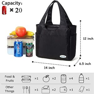 Scorlia Insulated Lunch Shoulder bag, Extra Large Lunch Tote Handbag, Durable Reusable Cooler Ladies lunch Box Bag with Side pockets, Tall Drinks Holder for Women Men Work, Black