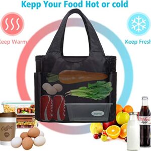 Scorlia Insulated Lunch Shoulder bag, Extra Large Lunch Tote Handbag, Durable Reusable Cooler Ladies lunch Box Bag with Side pockets, Tall Drinks Holder for Women Men Work, Black