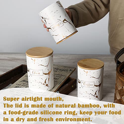 White Kitchen Ceramic Canister Sets - Airtight Set of 3 Coffee Sugar Tea Storage Containers Pots Jars with Bamboo Lid for Farmhouse Kitchen Counter,1178ML(39.83OZ)