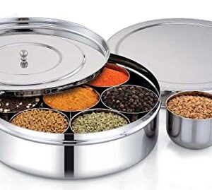 Spice Container - Masala Dabba - 7 Compartments, masala box,steel masala dabba,Spice container box,stainless steel spice box indian masala dabba with 7 spice containers with size 8 X 8 inches