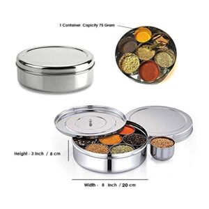 Spice Container - Masala Dabba - 7 Compartments, masala box,steel masala dabba,Spice container box,stainless steel spice box indian masala dabba with 7 spice containers with size 8 X 8 inches