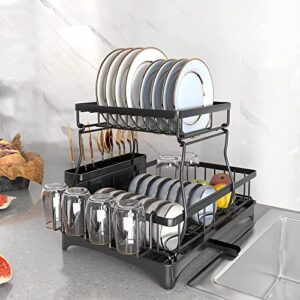 spoway 2 tier dish racks for kitchen counter,dish drying rack with 360°drainage,dish drainboard set with cutlery holder and 4 cup holder,dish drainers over sink drying rack on counter
