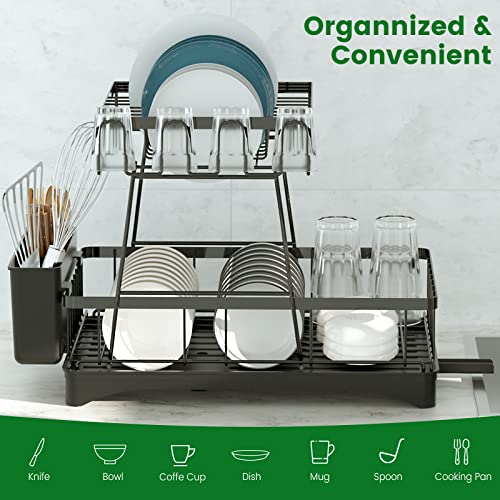 SPOWAY 2 Tier Dish Racks for Kitchen Counter,Dish Drying Rack with 360°Drainage,Dish Drainboard Set with Cutlery Holder and 4 Cup Holder,Dish drainers Over Sink Drying Rack On Counter