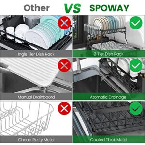 SPOWAY 2 Tier Dish Racks for Kitchen Counter,Dish Drying Rack with 360°Drainage,Dish Drainboard Set with Cutlery Holder and 4 Cup Holder,Dish drainers Over Sink Drying Rack On Counter