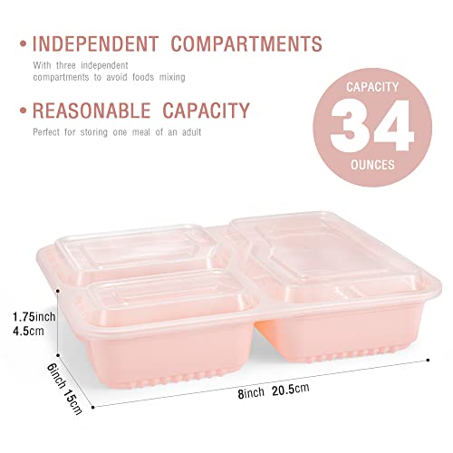 Glotoch Express Meal Prep Container 3 Compartment, 15 Packs 34 oz To Go Containers, Plastic Containers With Lids For Storage-Microwave&Freezer&Dishwasher Safe, Eco-Friendly, BPA-Free&Stackable, Pink