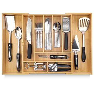 pristine bamboo silverware organizer – expandable kitchen drawer organizer – adjustable kitchen drawer organizer for utensils, expandable to 25 inches wide, 10 compartments, silverware tray for drawer