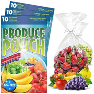 Reusable Vegetable Produce Bags by Produce Pouch – Keeps Fruit, Vegetable, Herbs Fresh Longer, Prevent Food Waste - BPA and Lead-Free Produce Saver Storage Green Bag - Set Of 30 w/Twist-Ties